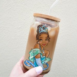 Disney Princess Tiana 16oz can glass with bamboo lid & straw